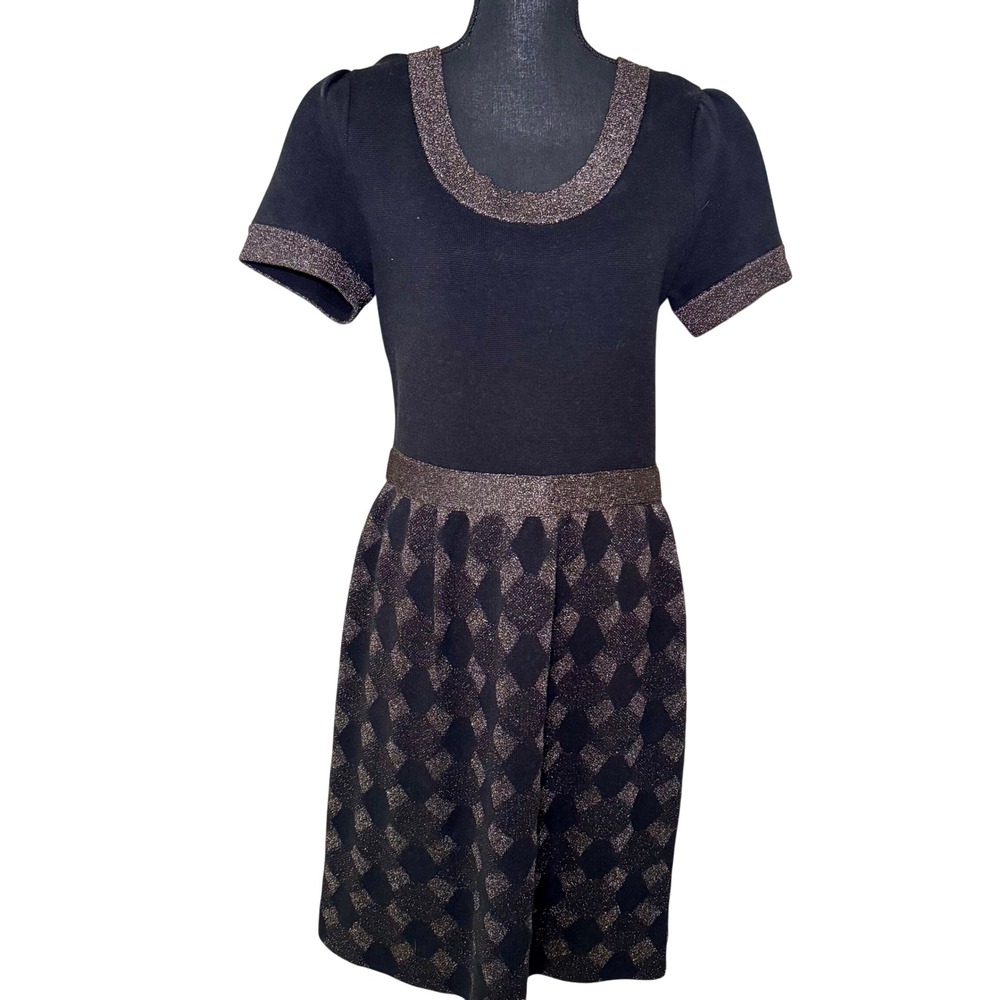 Kate Spade Black Wool Silk Metallic Harlequin Diamond Sweater Dress Small